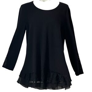 Style & Co Lace Trim Tunic Sweater Womens Large Long Sleeve Flounce Hem Black